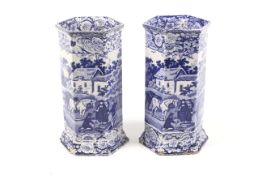 A pair of George III (circa 1818) hexagonal 'Pratts Native Scenery' blue and white ceramic vases.