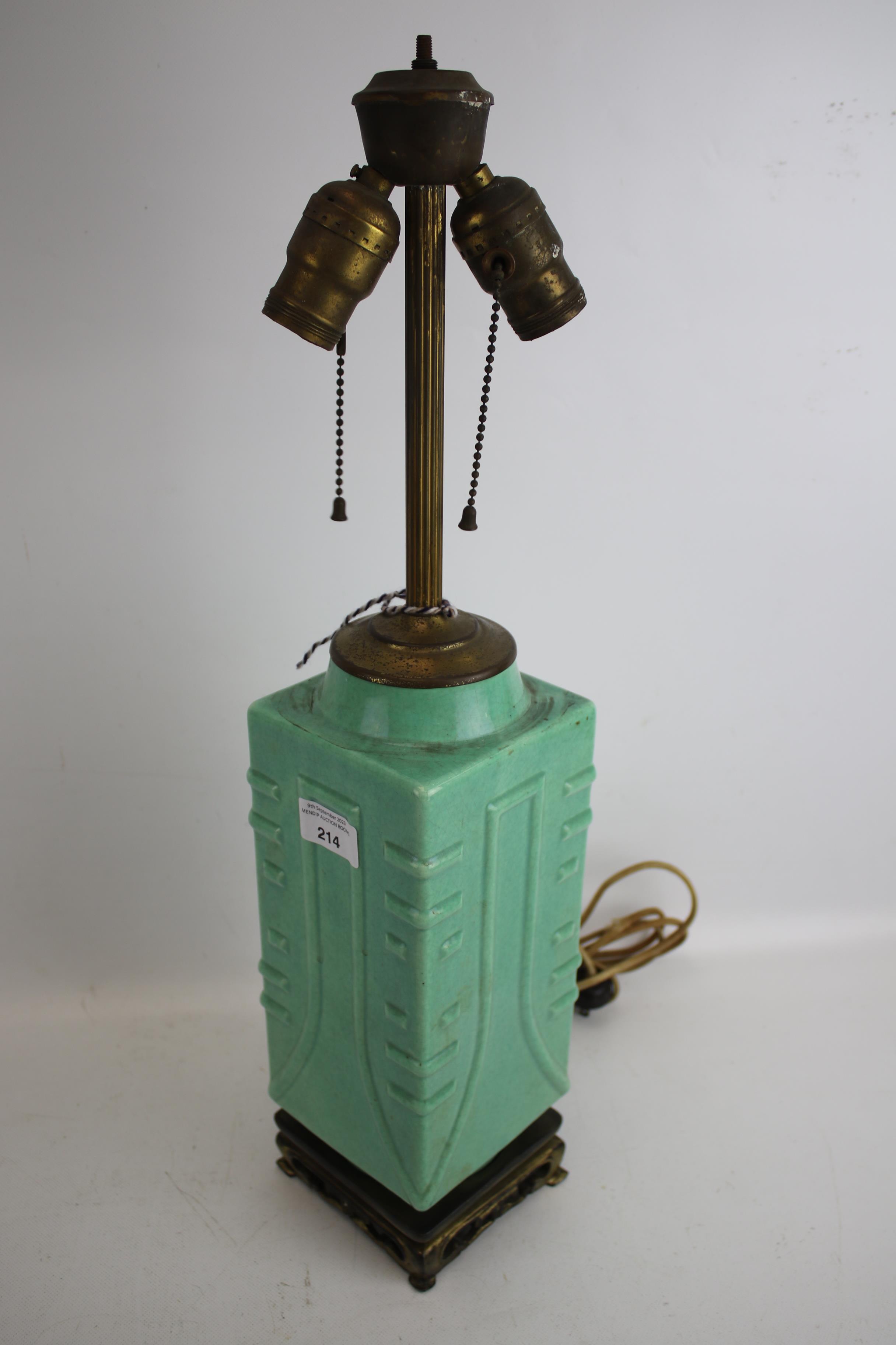 Cong lamp : A mid-20th century pale green glazed Chinese ceramic electric table lamp. - Image 5 of 8