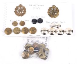 An RAF cap and 1940s tunic buttons, and a set of 1960s anodised tunic buttons.