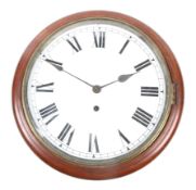 A mahogany cased round school clock with Arabic numerals to the white face.