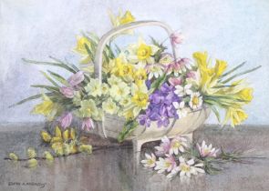 Edith Alice Andrews (exh. 1900-1940), watercolour on paper, 'A spring basketful'. 25cm x 35cm.