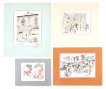 Four pen and ink and colour drawings of scenes in Asia including Singapore.