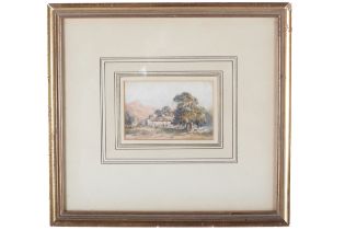 Attributed to David Cox (1783-1859), watercolour, landscape with cottage and figures.