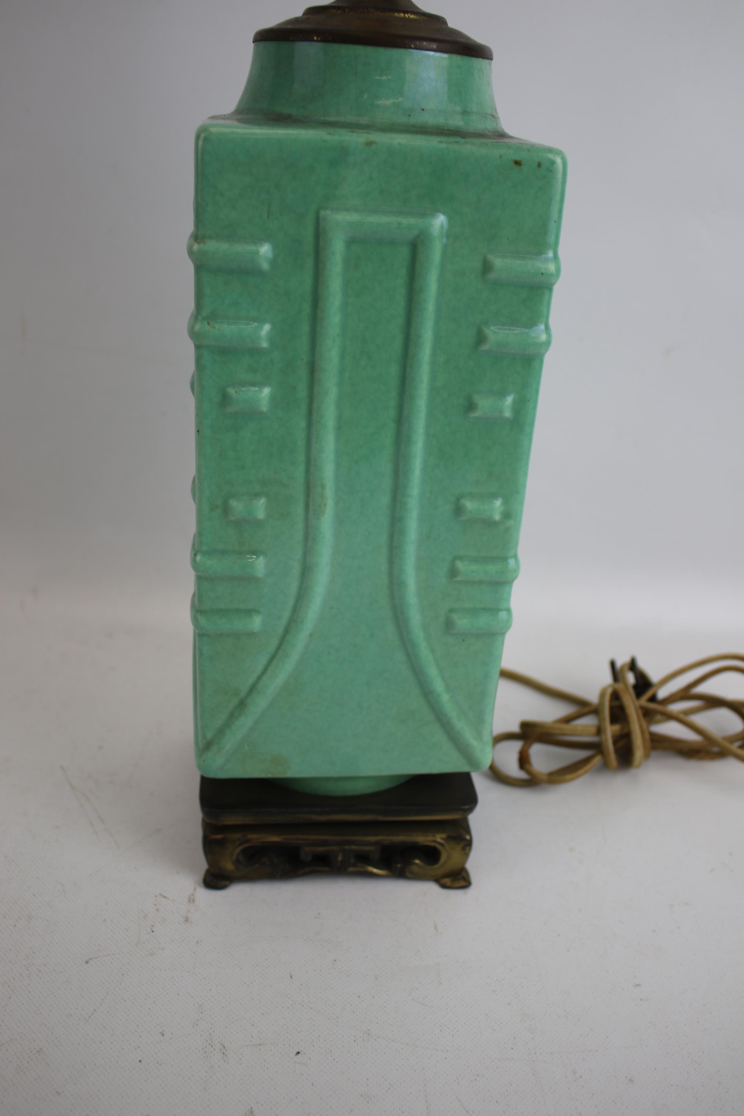 Cong lamp : A mid-20th century pale green glazed Chinese ceramic electric table lamp. - Image 6 of 8