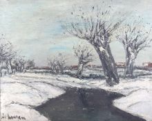 An early 20th century oil on canvas board of a snowy landscape with trees and a stream.