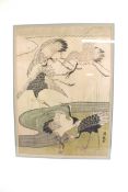 After Isoda Koryusai (1735-1790) print on silk, 'Cranes at the Lake' (1985). 27cm x 19.