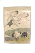 After Isoda Koryusai (1735-1790) print on silk, 'Cranes at the Lake' (1985). 27cm x 19.