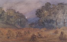 David Gould (1885-1930), watercolour, nocturnal scene of hay bales between trees.