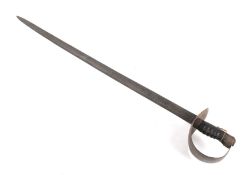 A handmade iron sword. With curved sheet metal knuckle bow and carved wooden grip.