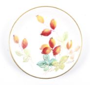 Kitty Blake for Royal Worcester : A signed handpainted dish with rosehip. Puce mark verso. 8.