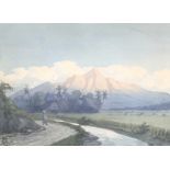 JA Linus, watercolour, view of a river before a group of houses with sun-lit mountain,