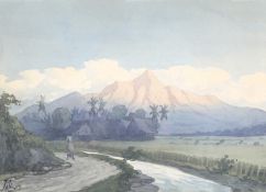 JA Linus, watercolour, view of a river before a group of houses with sun-lit mountain,