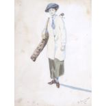 B Spencer, early 20th century, pencil and watercolour, a Scottish lady golfer.