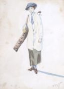B Spencer, early 20th century, pencil and watercolour, a Scottish lady golfer.