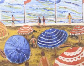 Cornish Niave School, (Manner of Simeon Stafford), oil on board, Umbrellas at the sea's edge. 59.