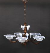 Vaseline /Opaque glass : An early to mid-20th century copper five branch pendant ceiling light.