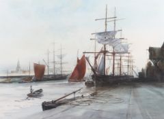 Peter Knox ( 1942) Marine School, watercolour, Quayside' tall ships moored up in the harbour.