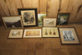 An assortment of nine pictures to include two watercolours of Ullswater,