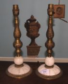 A pair of circa 1950 brass and marble electrolier lamps. 36cm high.