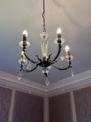 Three brushed bronze effect lights to include a pendant five branch ceiling electrolier with a pair