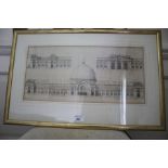 A circa 1900 monochrome print of the International Exhibition 1862 in brushed gilt frame,