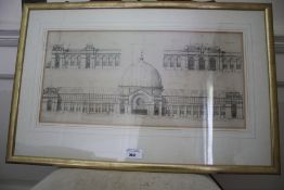 A circa 1900 monochrome print of the International Exhibition 1862 in brushed gilt frame,