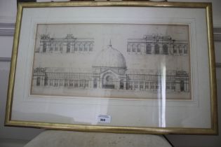 A circa 1900 monochrome print of the International Exhibition 1862 in brushed gilt frame,