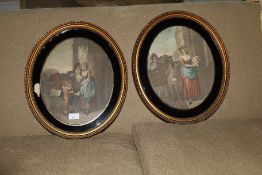 A pair of early 19th century verre eglomise oval coloured mezzotints, probably Cries of London,