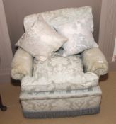 A damask silk ( pale sage)upholstered armchair.