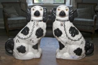 A pair of black and white Staffordshire type spaniels. Measuring 28 cm high.