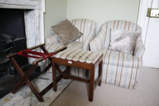 A pair of 20th century upholstered armchairs, 75cm H, 71cm W, 80cm D,