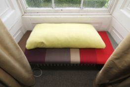 Two pairs of window seat cushions. 143cm W x 51cm D, to include white, yellow and striped.