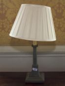 An early 20th century painted square based lamp. 60cm H, with pleated shade.