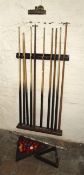 Burrough & Watts mahogany score counter together with cues, balls,