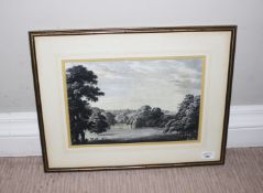 An 18th/19th century engraving of Ston Easton Park, framed and glazed, 43cm H,