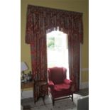 A pair of damask silk lined curtains and matching tasselled pelmet.