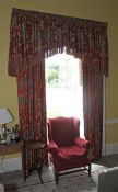 A pair of damask silk lined curtains and matching tasselled pelmet.