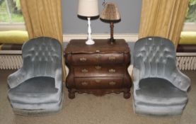 A pair of 20th century Victorian style button back aqua coloured velvet upholstered chairs.