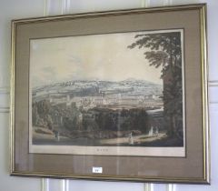 A topographical print, hand coloured, view of Bath 1817. Framed and glazed, 65cm x 79cm.