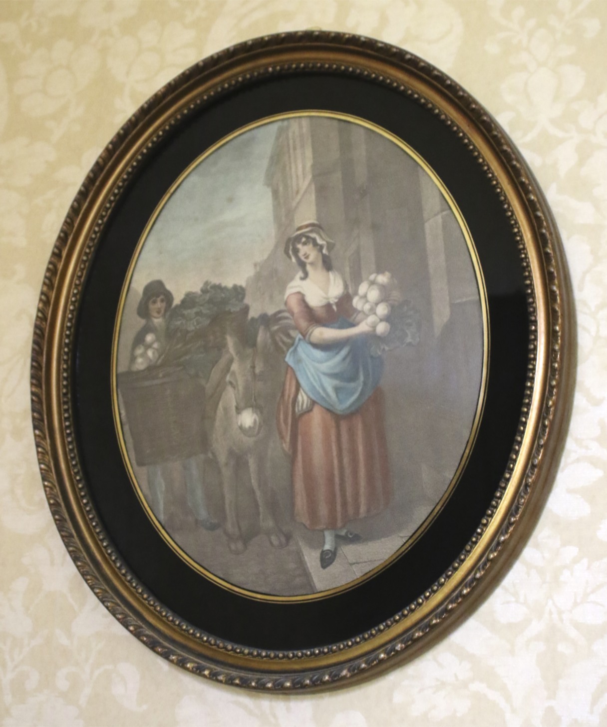 A pair of early 19th century verre eglomise oval coloured mezzotints, probably Cries of London, - Image 3 of 3