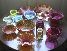 A collection of assorted glassware. To include Vaseline, carnival, ruby, flared rim etc (14).