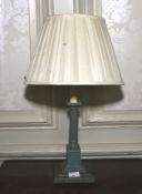 A circa 1930 square based painted wood pedestal lamp with pleated cream shade. 59cm H.