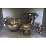 A collection of silver plate. To include stag ice bucket, punch bowls, cake stand, etc (7).