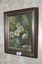 W A Rawlings, oil on board, white flowers in vase. 32cm x 27cm.