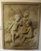 A 19th century relined oil on canvas, the stone relief of three cherubs, 108cm H,