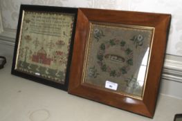 A needlework sampler of a dog within a fruit chaplet together with a print of an 1842 sampler.