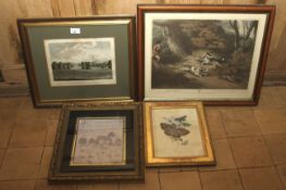 Four assorted prints to include hand coloured engravings of Sandhill Park etc, largest 46cm H,