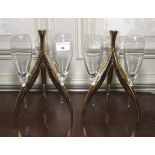 A pair of gilt three glass champagne stands. 25cm H.