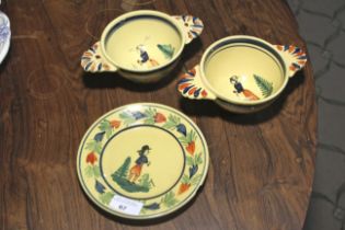 A plate and two porringer like Quimper ceramic items.