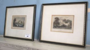 A pair of hand coloured steel engravings and a burr walnut framed print of a sampler.